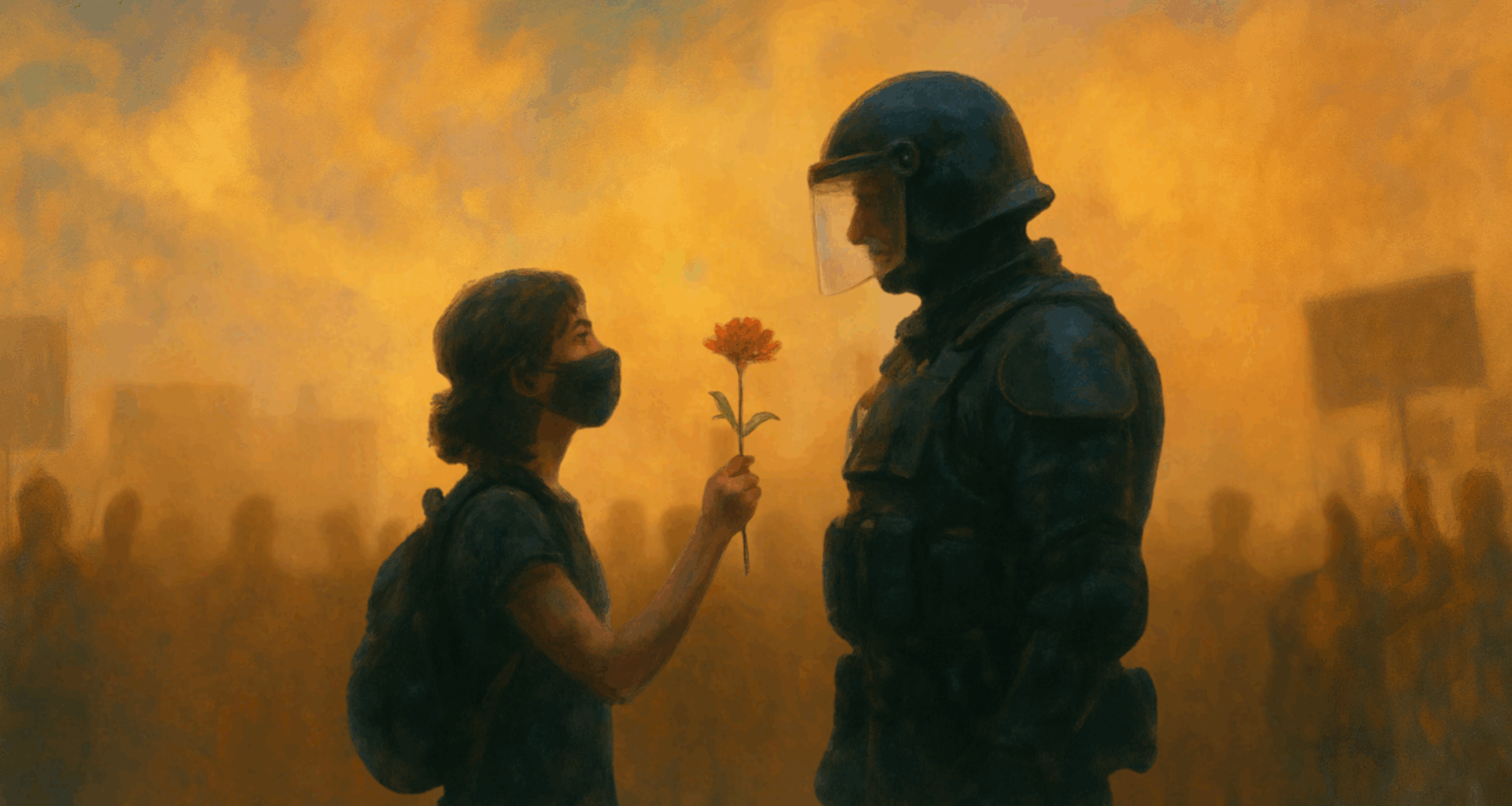 Image created by ChatGPT showing a young woman handing a flower to a police officer in riot gear with a crowd of protesters in the background.
