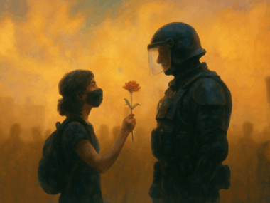 Image created by ChatGPT showing a young woman handing a flower to a police officer in riot gear with a crowd of protesters in the background.