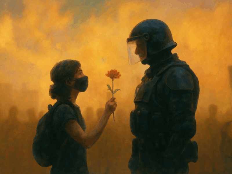Image created by ChatGPT showing a young woman handing a flower to a police officer in riot gear with a crowd of protesters in the background.
